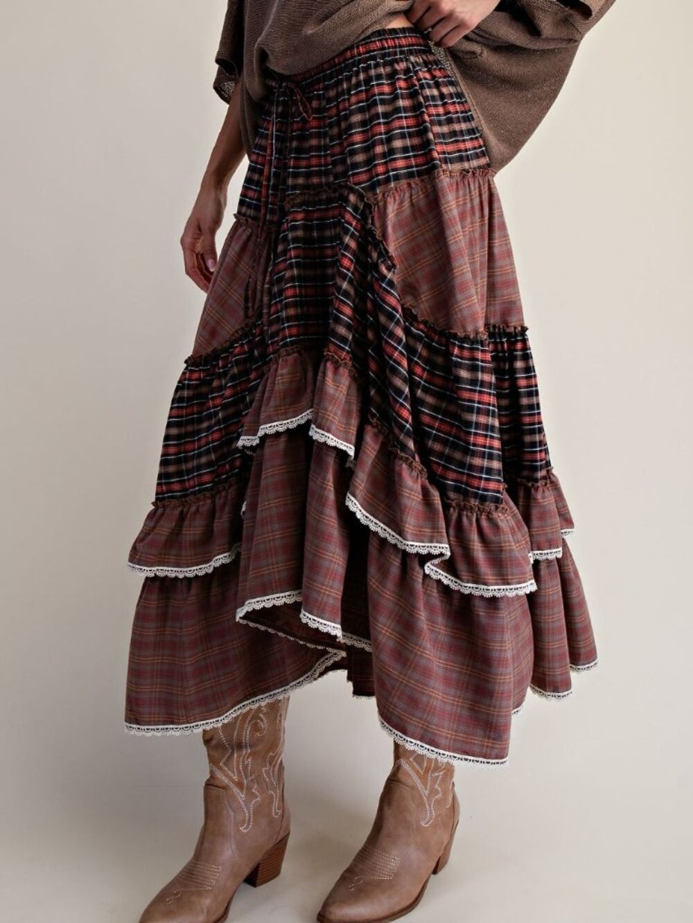 327 | Check Mix Plaid Tiered Maxi Skirt - Mocha Brown